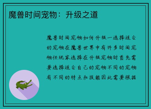 魔兽时间宠物：升级之道